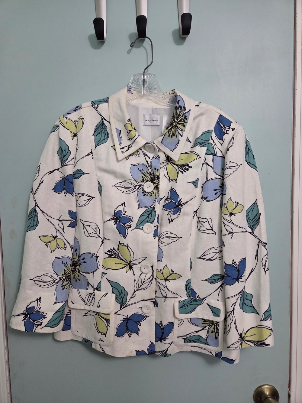 Emma James White Floral Blazer with Blue & Green Accents
